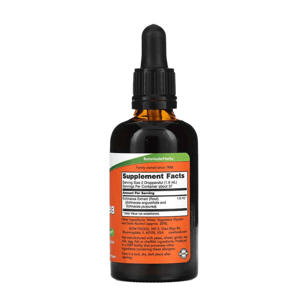 MKSTAVRINOS NOW Foods Echinacea Extract supplement bottle in 2 fl oz (59 ml) with dropper for immune support.