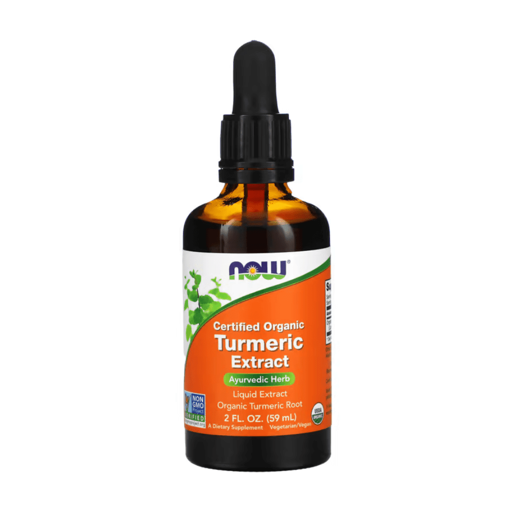 Organic turmeric extract from NOW Foods in a 2 fl oz bottle, featuring a golden yellow liquid and a label with product details.