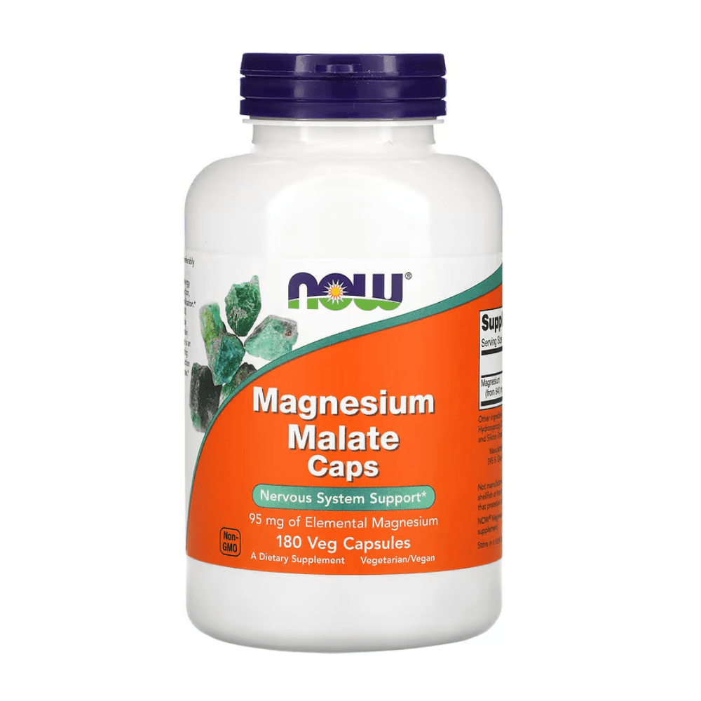 Old Products Now Foods magnesium malate supplement bottle with 180 tablets, 1000mg magnesium malate for muscle support.