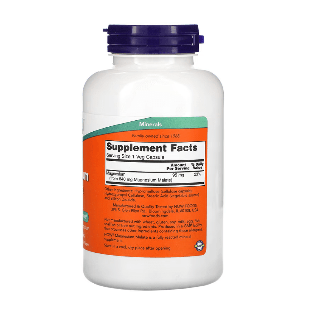 Old Products Now Foods Magnesium Malate supplement bottle with 180 tablets, showing the label and tablets inside the bottle.