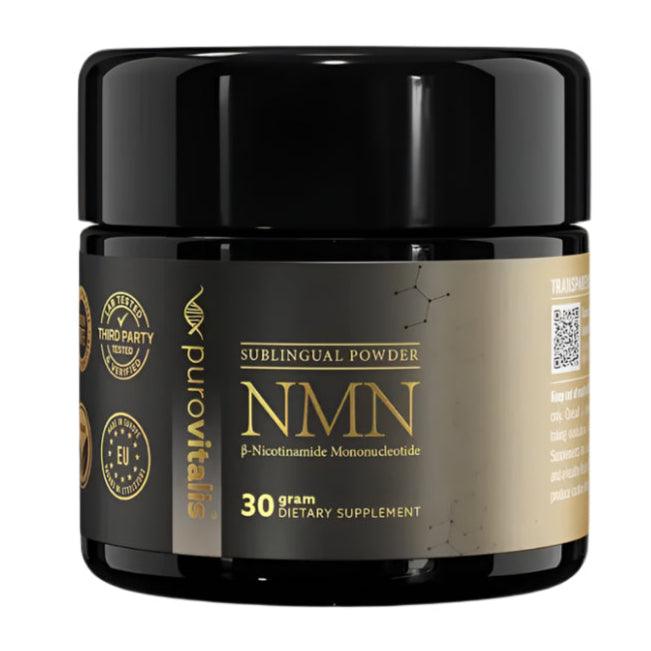 Herbalistas Purovitalis NMN Pure Powder supplement in a 30g container, shown in a clear image with label details.