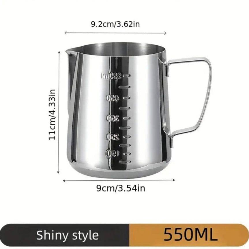 Stainless steel milk frothing pitcher by TEMU with a polished finish, designed for steaming and frothing milk for coffee drinks.