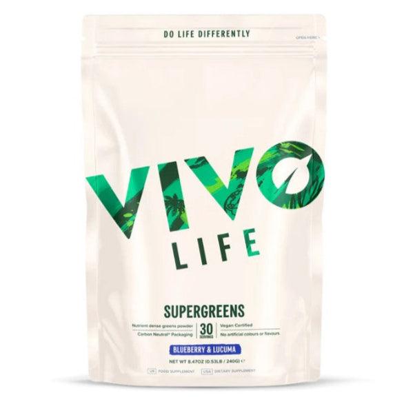 VIVO LIFE THRIVE Supergreens supplement with blueberry and lucuma powder in a container with scoop and green label.