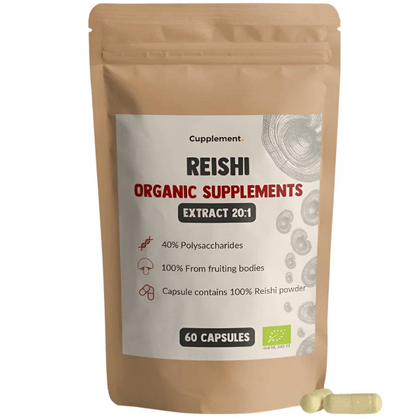CUPPLEMENT Reishi Extract supplement capsules, 400mg, in a bottle with 60 capsules for immune support and wellness.