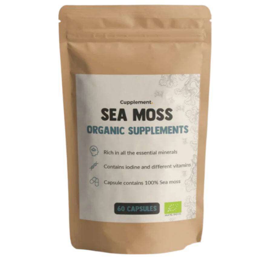 Organic Sea Moss capsules by CUPLEMENT, 500 mg superfood supplement, showing 60 capsules in a clear container.