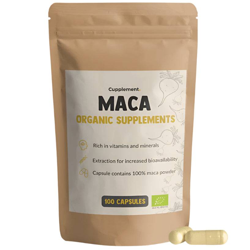 CUPLEMENT Organic Maca supplement capsules, 500 mg, 100-count, superfood dietary supplement in clear bottle with label
