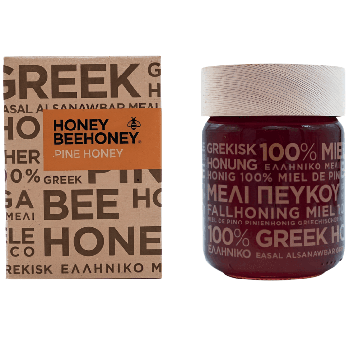 Screenshot of LV Natural Foods Luxury Pine Honey, a superfood jar showcasing natural pine honey with a rustic label and wooden lid.