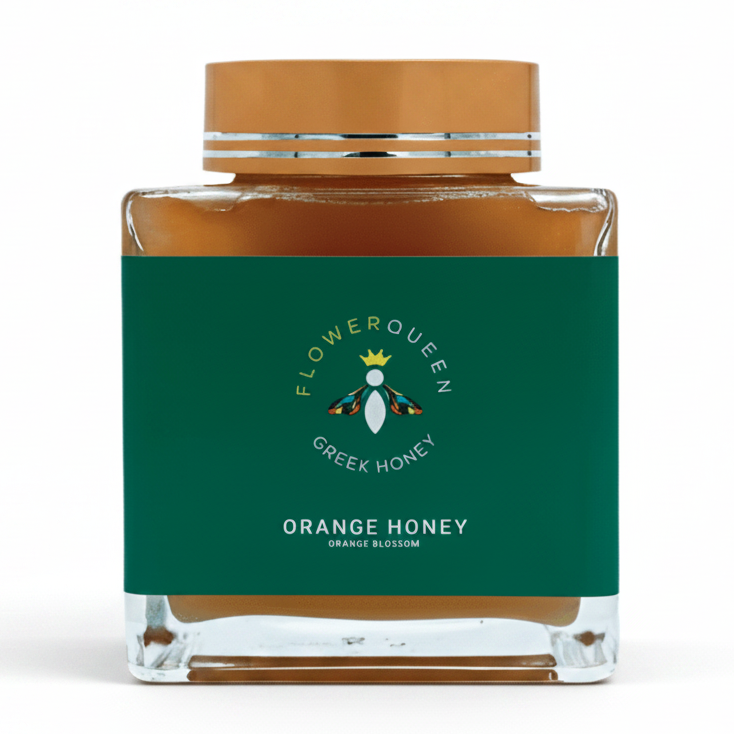 LV Natural Foods Queen Orange Honey 500g, a superfood jar of natural orange-flavored honey with a golden appearance.