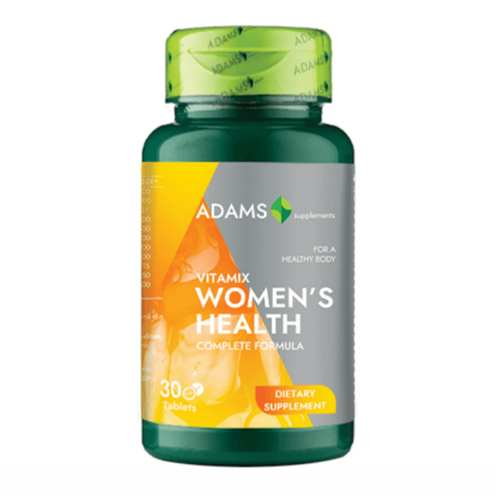 Adams Supplements VitaMix Women's Health supplement bottle with label, featuring capsules and branding.
