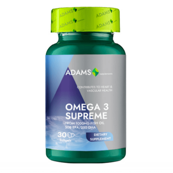Bottle of Adams Supplements Omega3 Supreme supplement with label showing 50% EPA and 25% DHA content.