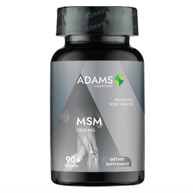Bottle of Adams Supplements MSM 1000mg capsules, dietary supplement for joint and skin health, with 90 capsules inside.