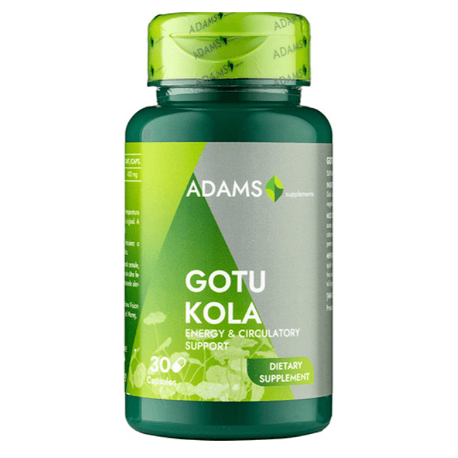 Bottle of Adams Supplements Gotu Kola 400mg supplement with label featuring green leaves and product details.