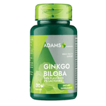 Bottle of Adams Supplements Ginkgo Biloba 24/6 supplement with 30 capsules, shown in a clear container with label.