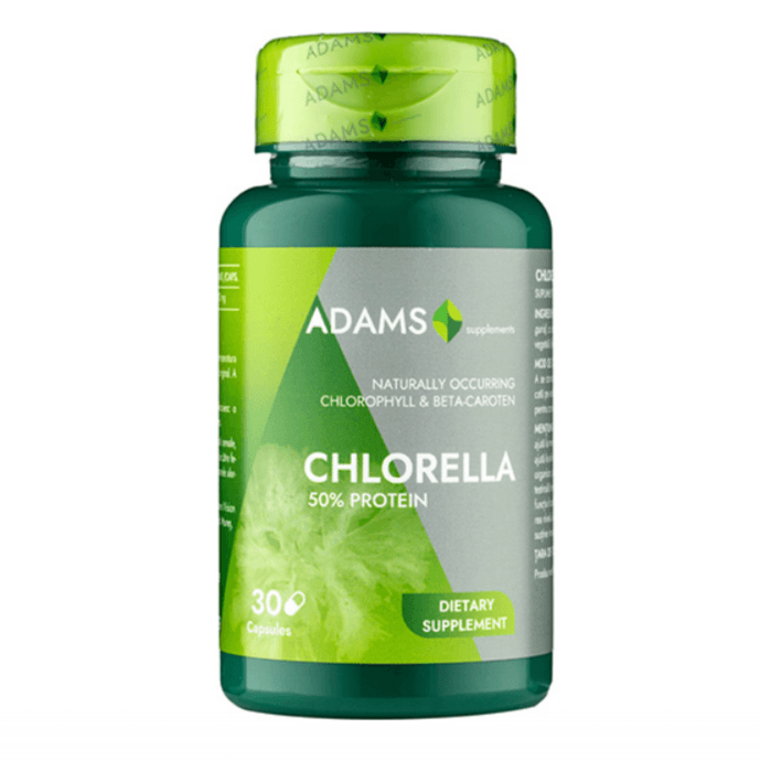 Adams Supplements Chlorella supplement bottle with green tablets, 300mg, natural dietary supplement for health and detox.