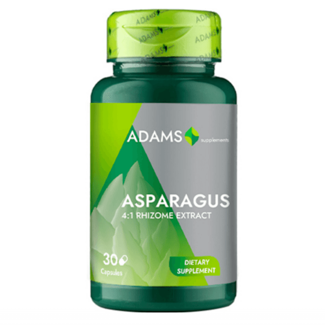 Adams Supplements Asparagus 180mg supplement bottle with 30 capsules, showing the product label and capsules inside.