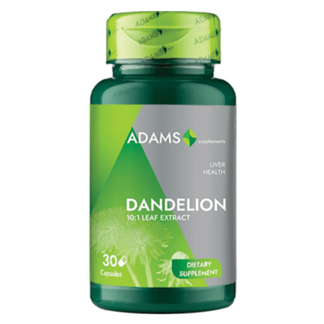 Adams Supplements Dandelion Extract 370mg supplement bottle with 30 capsules, natural herbal supplement for wellness.