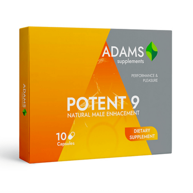 Adams Supplements Potent9 dietary supplement bottle with 10 capsules, natural health product for immune support and wellness.