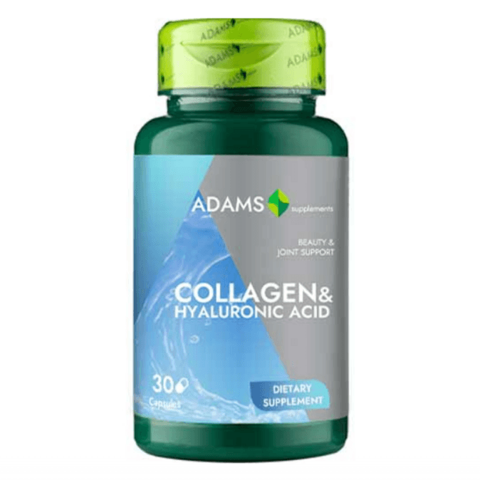 Adams Supplements collagen and hyaluronic acid supplement bottle with 30 capsules, featuring a label showing product details.