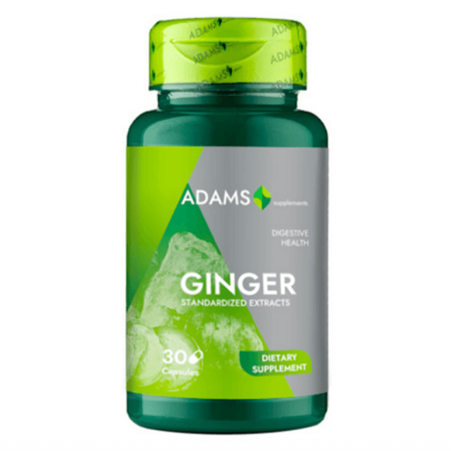 Adams Supplements Ginger 300mg supplement bottles with 30 capsules, featuring label with product details and branding.