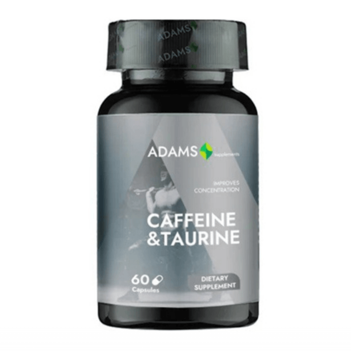 Adams Supplements Caffeine + Taurine supplement bottle with 60 capsules, showing the label and product packaging.