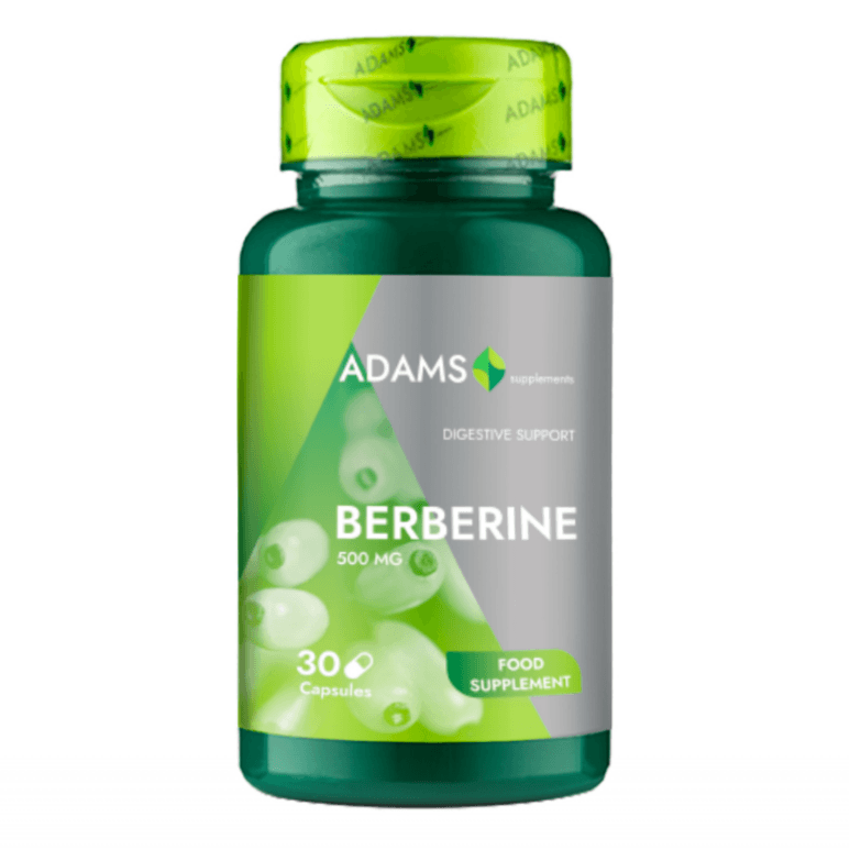 Bottle of Adams Supplements Berberine 500mg supplement capsules, with label showing product details and branding.