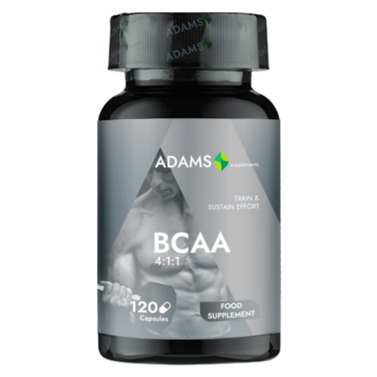 Bottle of Adams Supplements BCAA 4:1:1 2000mg dietary supplement capsules on a white background.