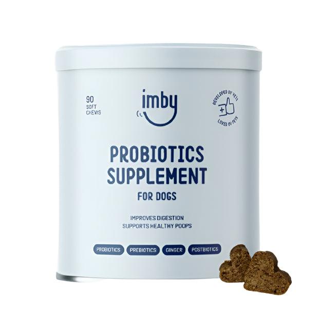 IMBY probiotics for dogs, showing a bottle of IMBY dog probiotic supplement with capsules on a clean background.