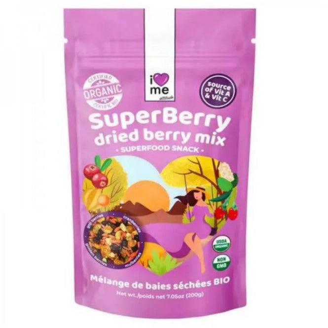 I LOVE ME SuperBerry Organic Dried Berry Mix, 200g, in a clear resealable bag with a mix of dried berries and superfood ingredients.