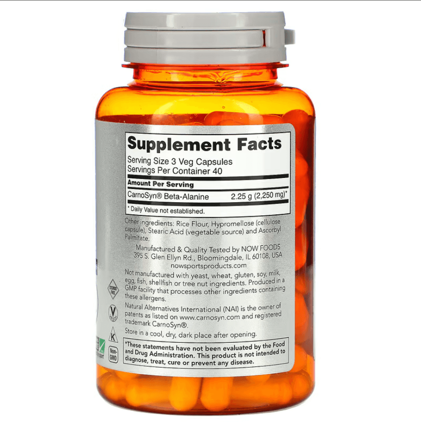 MKSTAVRINOS NOW Foods Beta-Alanine supplement featuring 120 vegan capsules for endurance and athletic support.