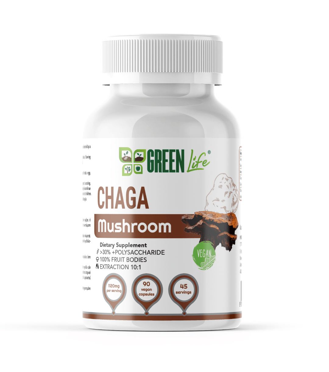 Green Life Cyprus Chaga mushroom supplement bottle with 90 capsules, supporting immune health and antioxidants.