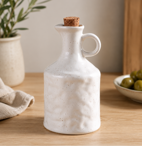Rustic Elegance Ceramic Oil & Vinegar Bottle with Cork Stopper (White)