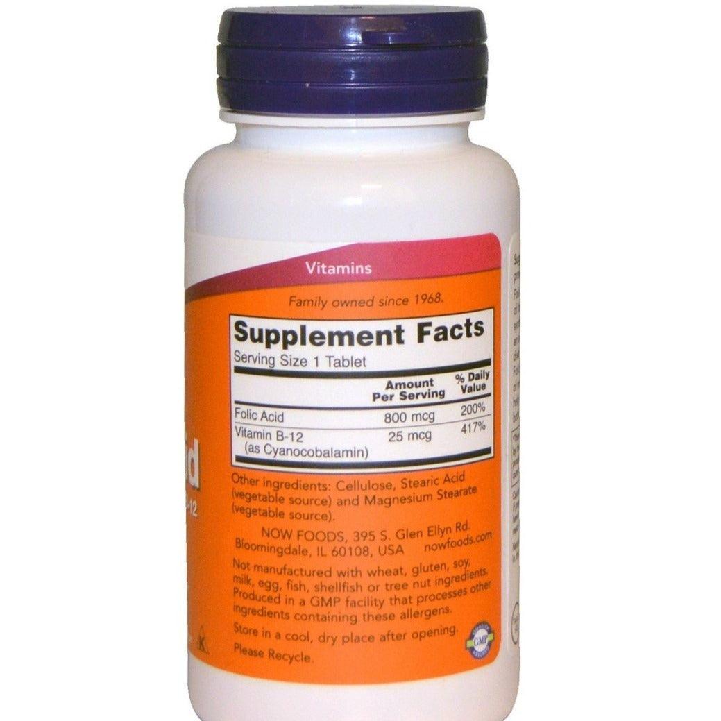 MKSTAVRINOS NOW Foods folic acid supplement bottle with 250 tablets, 800 mcg per tablet, dietary supplement for health support