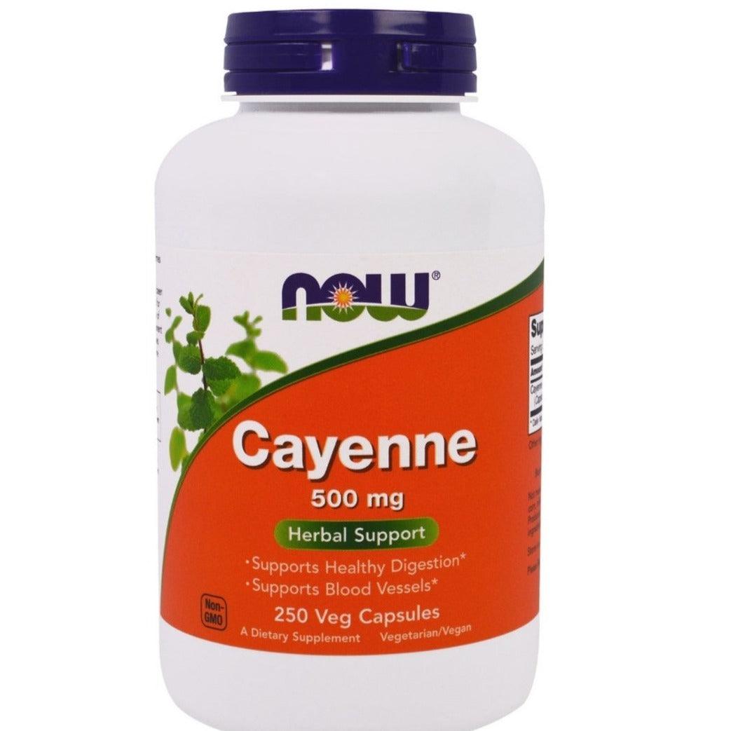 Now Foods cayenne pepper supplement bottle with 250 vegetarian capsules for metabolism and circulation support.