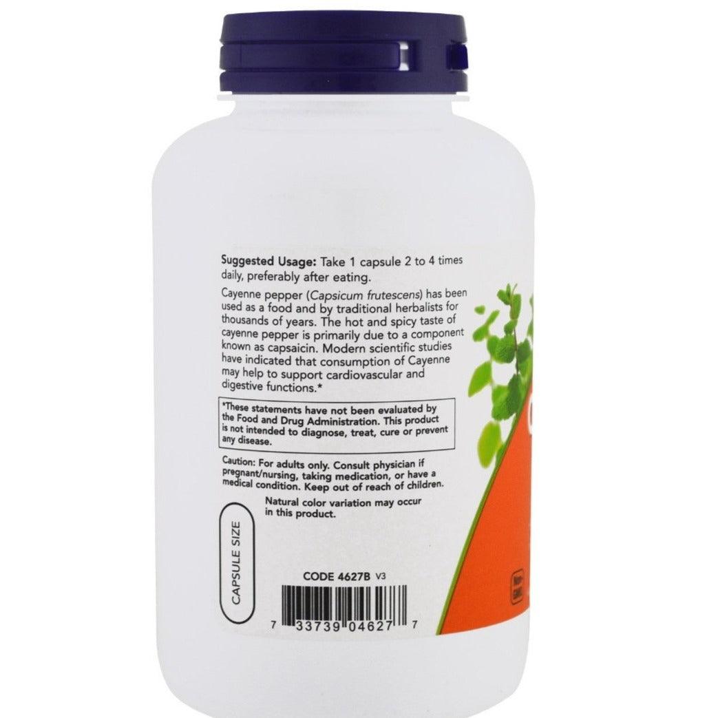 NOW Foods Cayenne 500mg supplement bottle with 250 vegetarian capsules, shown with label details and cap.