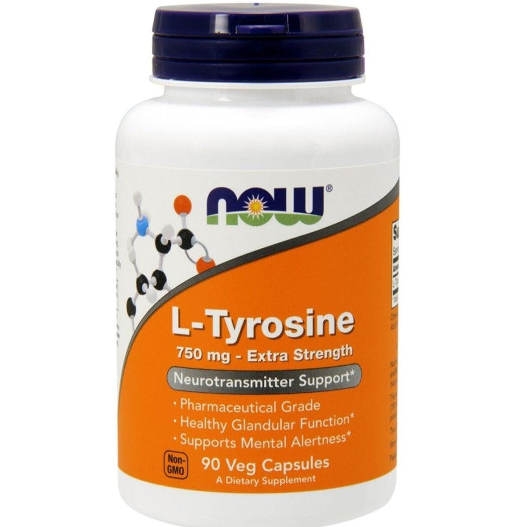 Now Foods L-Tyrosine supplement bottle with 90 capsules, 750 mg per capsule, dietary supplement for mood and focus.