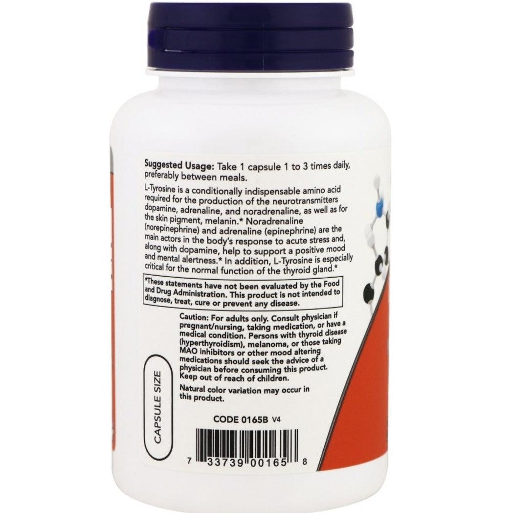 Now Foods L-Tyrosine supplement bottle with 90 capsules, 750 mg per capsule, in a clear container with a blue label.