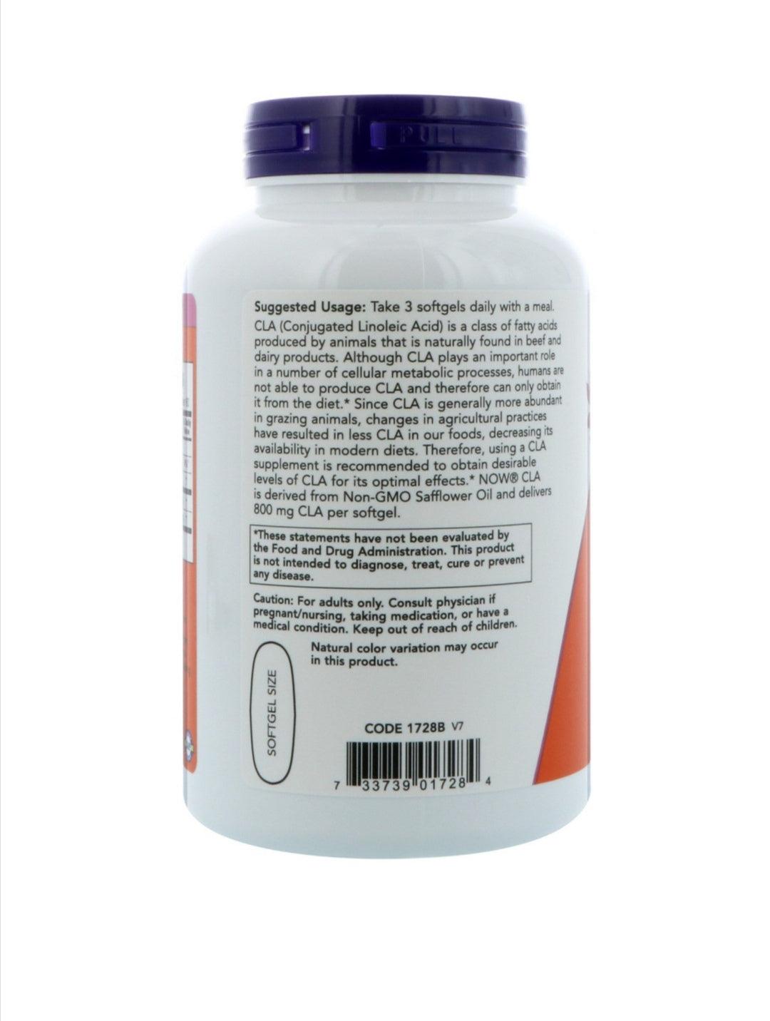 Now Foods CLA 800 mg supplement in 90 softgels, showing the softgel capsules and product label.