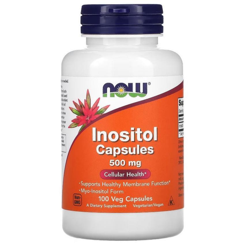 MKSTAVRINOS NOW Foods Inositol 500mg supplement bottle with 100 vegetarian capsules on a white background