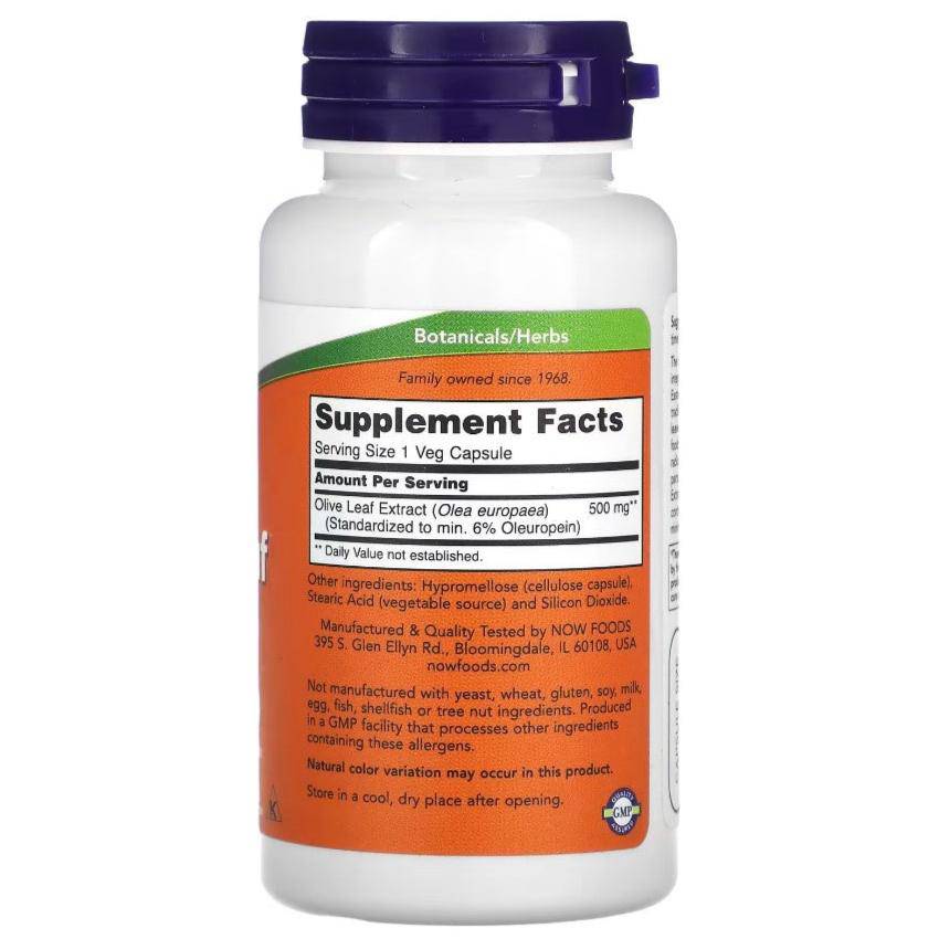 Olive leaf extract supplement capsules by NOW Foods, 500 mg, shown in a clear bottle with white capsules.