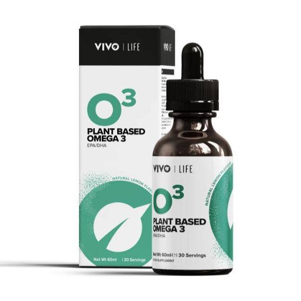 VIVO LIFE Plant-Based Omega 3 supplement bottle with label, featuring green design and omega symbols on a white background.
