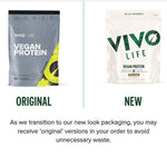 Vivo Life plant-based protein powder container with 30 servings, showing the label and scoop on a white background.