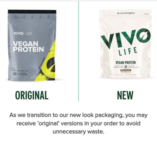 Vivo Life plant-based protein powder container with 30 servings, showing the label and scoop on a white background.