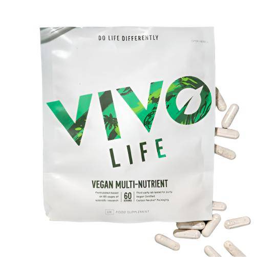 Vivo Life vegan multinutrient and mineral supplement bottle with colorful label and capsules, on a white background.