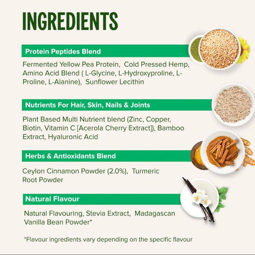 Vivo Life Collagen Builder plant protein supplement container with label and scoop, highlighting natural ingredients for skin and joint health.