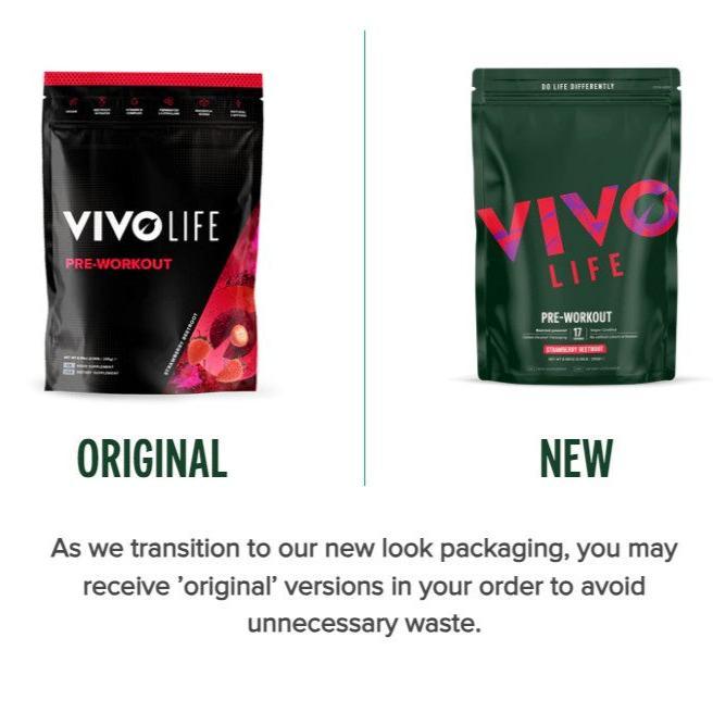 Vivo Life pre workout supplement container with label, showing supplement powder inside, in a clear, well-lit setting.