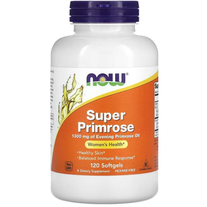 Old Products Now Super Primrose supplement in 120 softgels, showing the softgel capsules and product packaging.