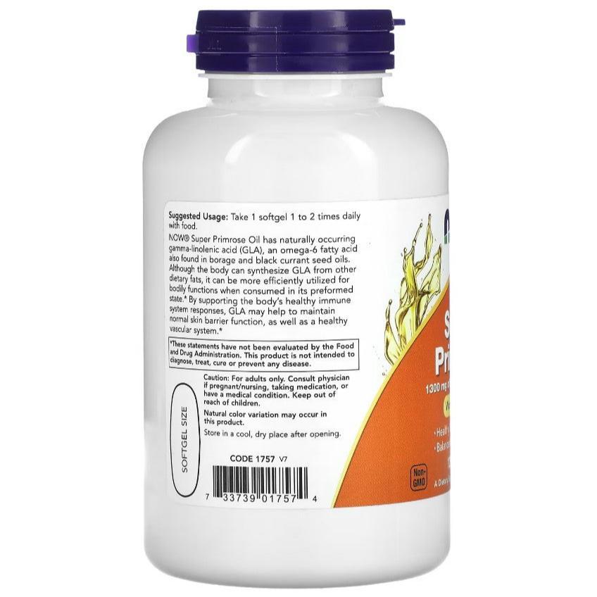 Old Products Now Super Primrose supplement bottle with 120 softgels, showing the label and softgel capsules.