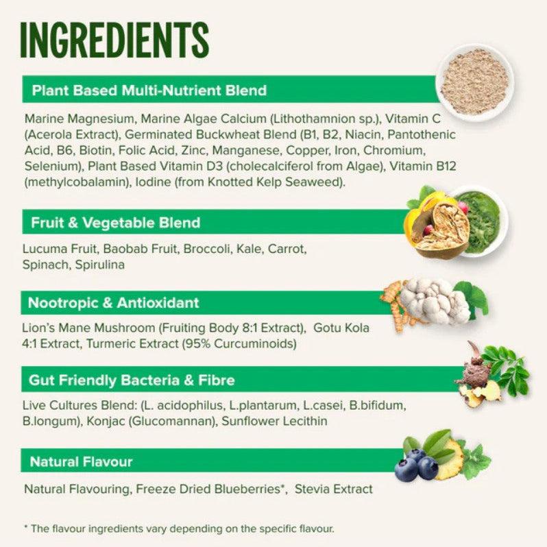 VIVO LIFE THRIVE Supergreens supplement with blueberry and lucuma flavor, shown in a colorful powder package.