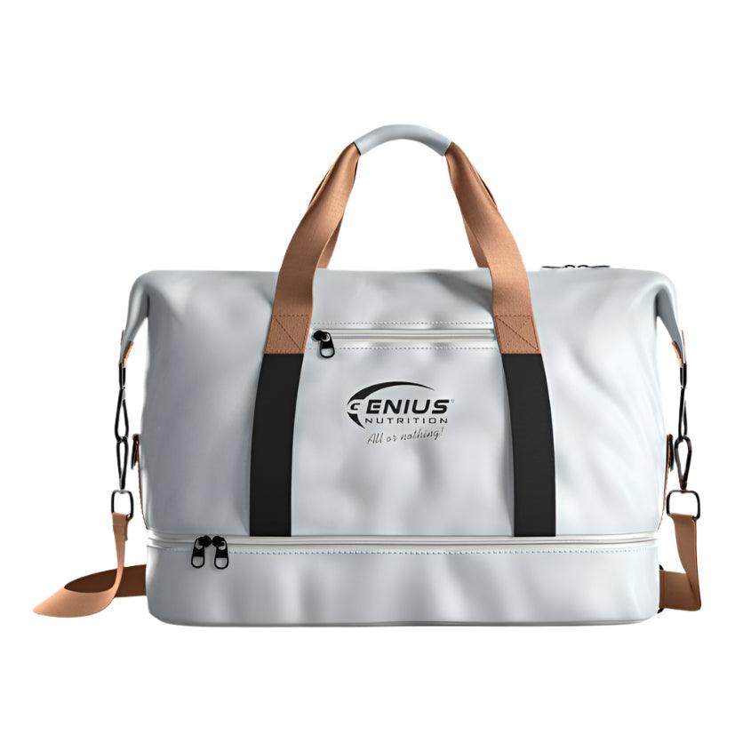 Genius Nutrition casual bag with adjustable strap and minimalist design, featuring the brand logo on neutral-colored fabric.
