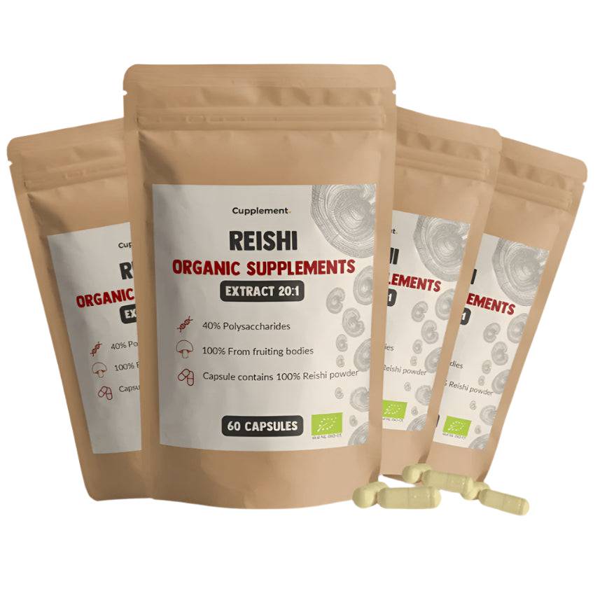 Cupplement Reishi Extract supplement bottles with 60 capsules, featuring label details and a natural health product display.